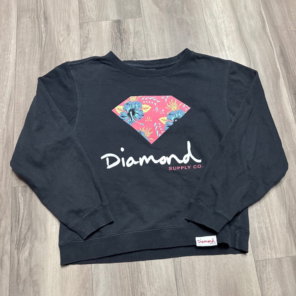 Diamond Supply Co Black Floral Diamond Graphic Crewneck Sweatshirt Mens Small
